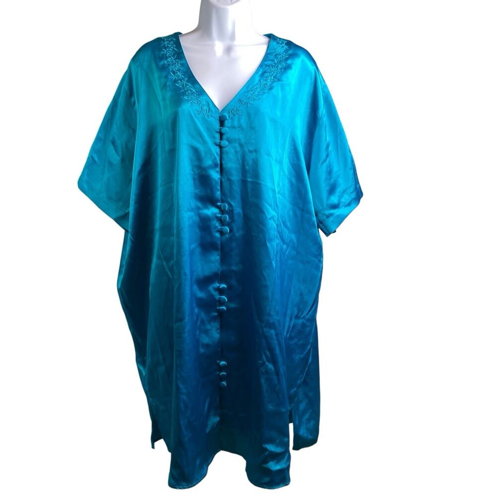 Vintage Solange‎ Teal Satin Nightgown Size 18/20 Flowy Embroidered Loungewear